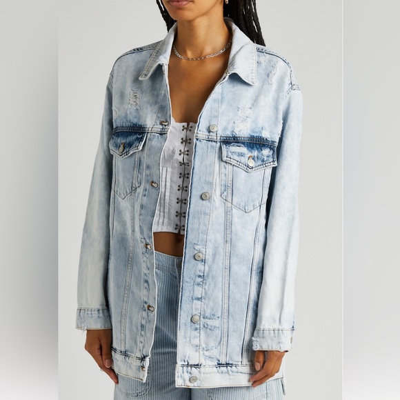 Free People Destroyed Long and Lean Trucker Jacket - Cloud Wash - Picture 6 of 8